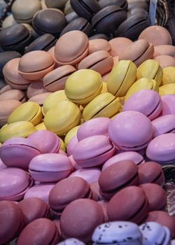 Spain, Barcelona - May 2018: Stacks of multicoloured Macaroon biscuits