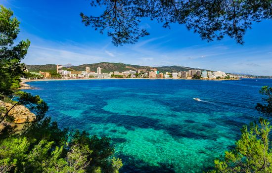 View of the coastline at tourist resort Magaluf beach on Mallorca, Spain Balearic Islands