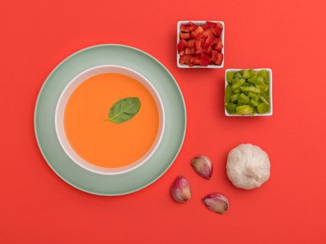 Gazpacho white bowl on a blue plate and a red background. Top view. Copy space.