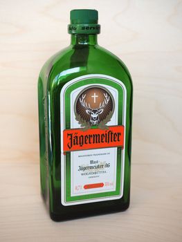 WOLFENBUETTEL, GERMANY - CIRCA MARCH 2020: Jaegermeister bottle