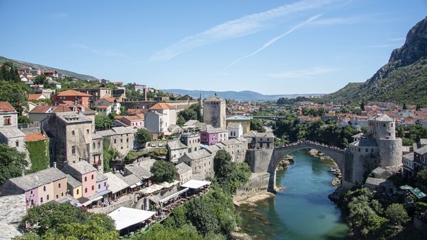 Bosnia and Herzegovina, Mostar - June 2018: Stari Most is a rebuilt 16th-century Ottoman bridge in the city of Mostar in Bosnia and Herzegovina The original stood for 427 years, until it was destroyed on 9 November 1993