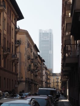 TURIN, ITALY - CIRCA FEBRUARY 2019: Intesa San Paolo headquarters skyscraper designed by Renzo Piano