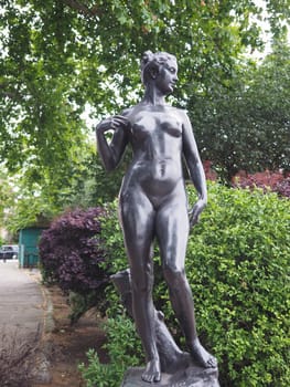 LONDON, UK - CIRCA JUNE 2019: Bronze statue of Atalanta (virgin huntress from Greek mythology) by English sculptor Francis Derwent Wood erected on Chelsey Embankment in 1929
