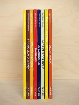 KOELN, GERMANY - CIRCA 2020: Taschen basic architecture series books about modern architects including Aalto, Mies Van der Rohe, Le Corbusier, Gropius, Bauhaus, Frank Lloyd Wright, Neutra, Scharoun