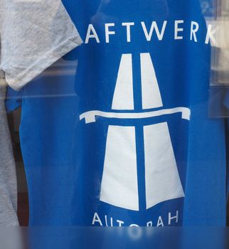 DUESSELDORF, GERMANY - CIRCA JUNE 2018: Kraftwerk Autobahn album cover t-shirt in a shop window