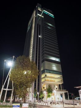 TURIN, ITALY - CIRCA SEPTEMBER 2018: Intesa San Paolo headquarters skyscraper designed by Renzo Piano, night view