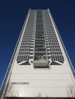 TURIN, ITALY - CIRCA JANUARY 2020: Intesa San Paolo headquarters skyscraper designed by Renzo Piano