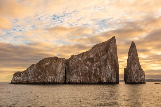 Galapagos Kicker Rock nature landscape. Iconic landmark and tourist destination for birdwatching, diving and snorkeling, San Cristobal Island, Galapagos Islands, Ecuador. Roca Leon Dormido in spanish.