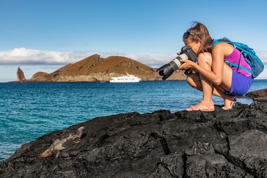 Galapagos tourist photographing marine iguana on Santiago Island in Galapagos Islands. Cruise ship and Pinnacle Rock and Bartolome Island in background. Famous Galapagos cruise ship tour destination.