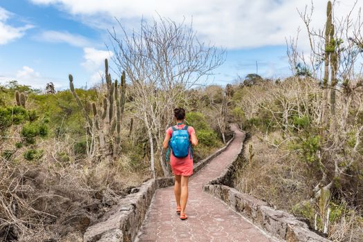Galapagos Islands tourist exploring wildlife and ecotourism adventure walking on path to Tortuga Bay beach in Santa Cruz island. Woman on Galapagos islands travel vacation.