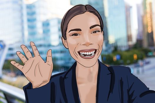 Drawing digital illustration of business woman saying hello to video camera taking selfie photo with smart phone app. Young businesswoman using smartphone smiling happy professional videochat.