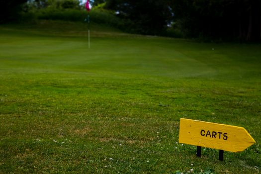 A yellow wooden handmade sign on a golf course directs golf carts away from the green with an arrow.