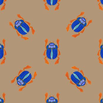 Blue scarab isolated on beige background. Seamless pattern with Bug insect, Beetles. Design for wrapping paper, cover, greeting card, wallpaper, fabric.