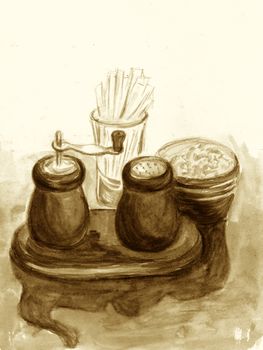 Salt and pepper shakers on table in cafe. Watercolor illustration. Hand-drawn sketch. Sepia, beige and brown monochrome colors.