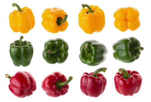 yellow red and green pepper shooted isolated on a white background.