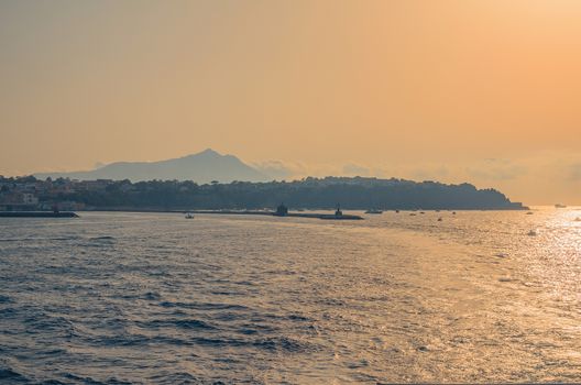 Sunset overlooking Procida island near Naples, Italy