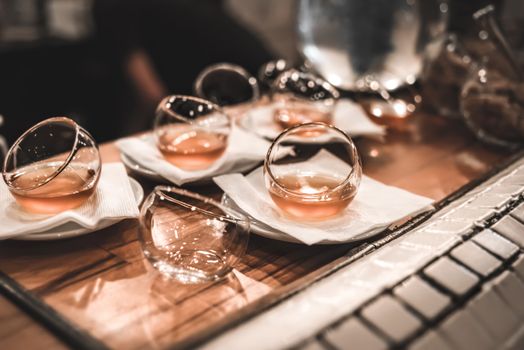 Tea in Glass saucers from the restaurant, flashlight, restaurant