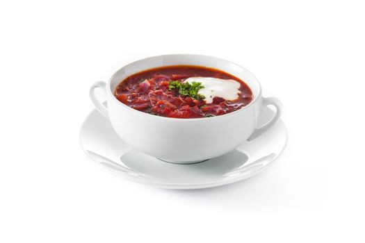 Traditional Ukrainian Russian borsch. Beetroot soup isolated on white background