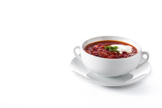 Traditional Ukrainian Russian borsch. Beetroot soup isolated on white background