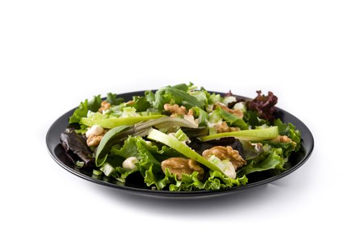 Fresh Waldorf salad with lettuce, green apples, walnuts and celery isolated on white background