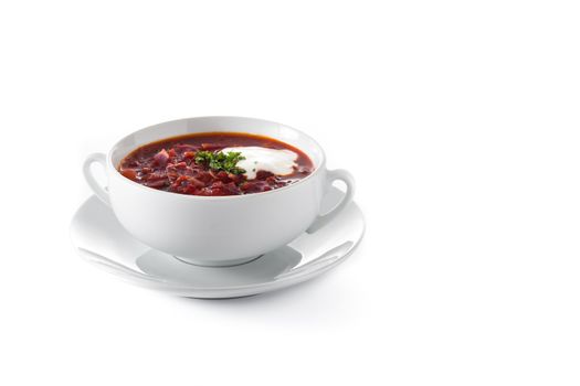 Traditional Ukrainian Russian borsch. Beetroot soup isolated on white background