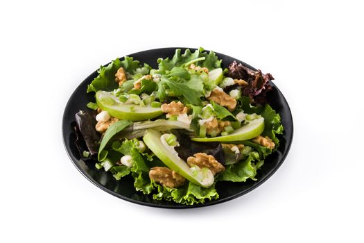 Fresh Waldorf salad with lettuce, green apples, walnuts and celery isolated on white background