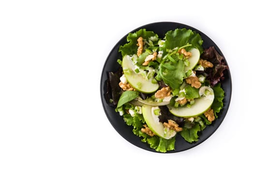 Fresh Waldorf salad with lettuce, green apples, walnuts and celery isolated on white background