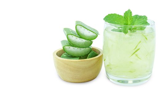 Aloe Vera for drinking on wood table isolated white background