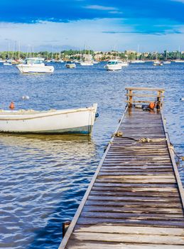 Tranquil scene with idyllic view of harbor with anchored boats