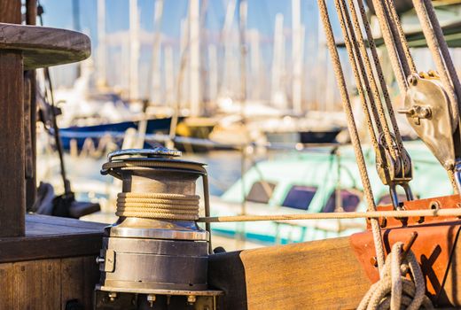 Close-up of winch and rope of old sailing yacht, detail view