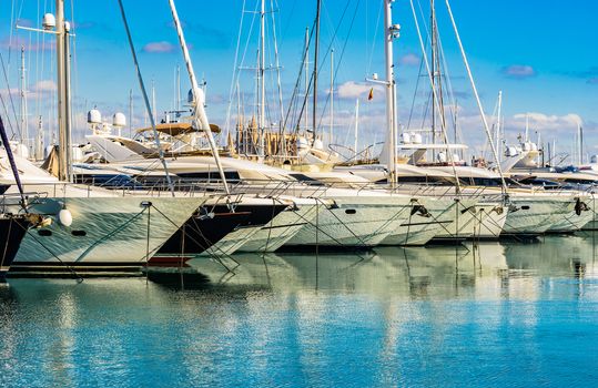 Luxury boats at marina of Palma de Mallorca Spain, with view of the famous cathedral