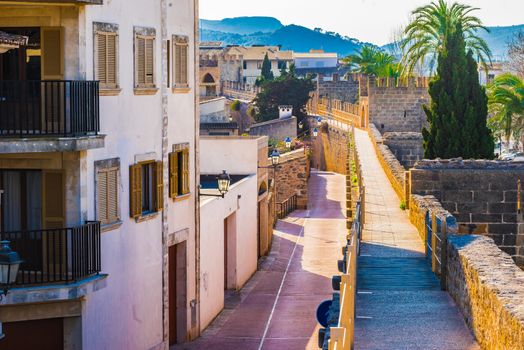 Historical surrounding wall of the old town Alcudia on Mallorca, Spain Balearic islands