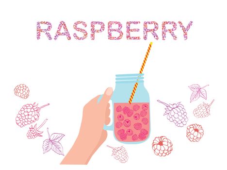 Hand holding mason jar with raspberry with quote of PASPBERRY illustration on white background.