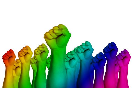Collage rainbow flag and human hands isolated on white background. Male handful over rainbow background. LGBT Concept activism, community and freedom. Lesbian, gay, bisexual and transgender with copy space