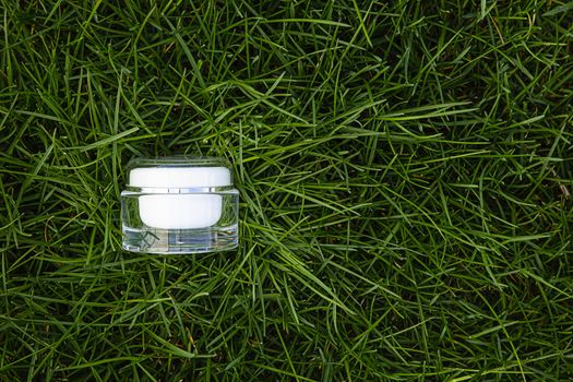 Beauty cream container on top of long green grass