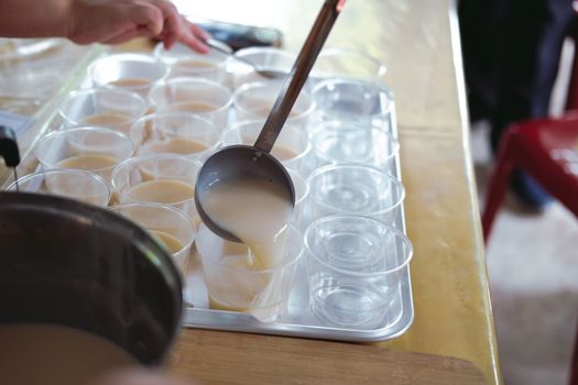soy milk pudding in plastic cup. vegan dessert for vegetarian