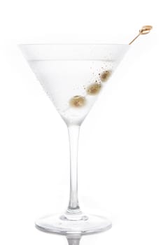 Classic Dry Martini with olives isolated on white background