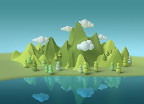 Fantasy world dream green mountains blue lake landscape 3d with soft forms, environmental concept