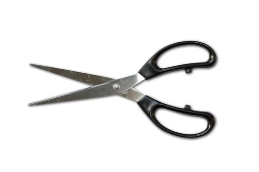 A pair of scissors with black plastic handles