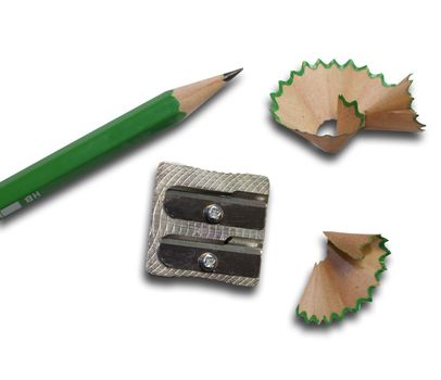 A pencil sharpener with a sharpened pencil and pencil shavings