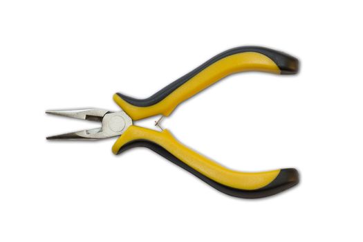 A yellow pair of pliers isolated on a white background