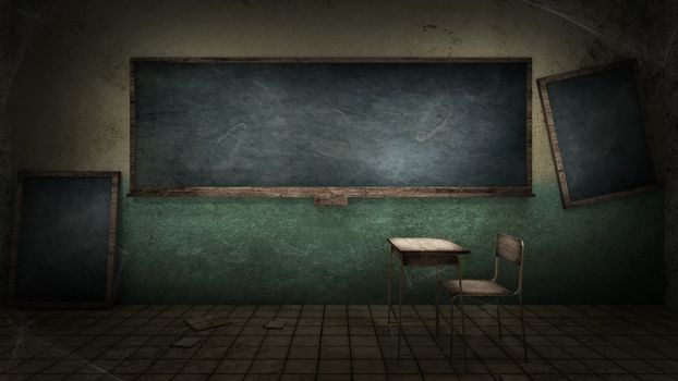 horror and creepy classroom in the school. 3D rendering