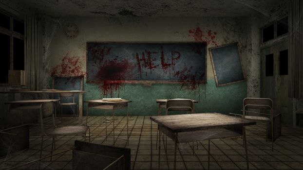 horror and creepy classroom in the school with blood. 3D rendering