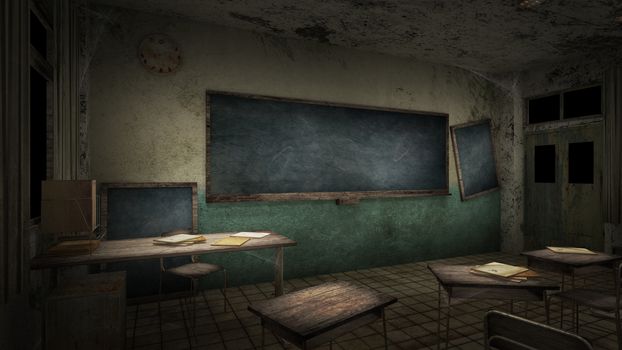 horror and creepy classroom in the school. 3D rendering