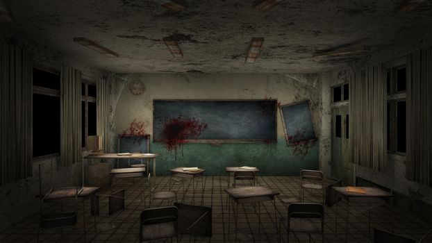 horror and creepy classroom in the school with blood. 3D rendering