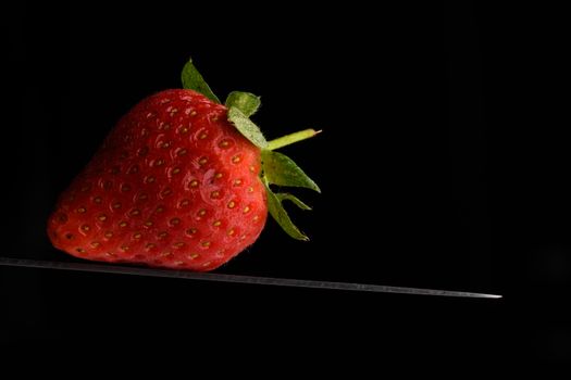 Strawberry balancing on a knife blade with a black background