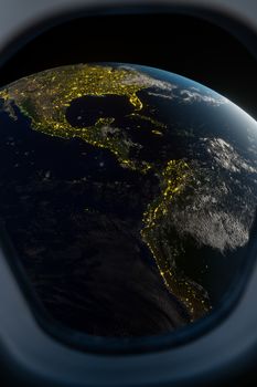 Earth view from spaceship window. 3D render