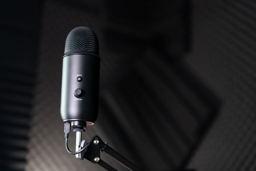 Studio condenser microphone in a recording studio.