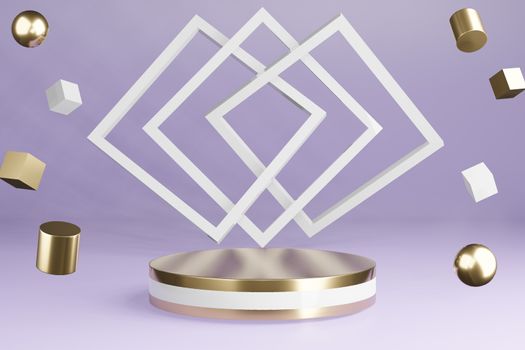 White and golden product stand on purple background with decoration, pedestal podium, 3D Rendering.