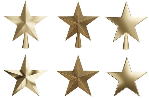 Glossy golden stars set isolated on white background, Christmas star icon. 3D